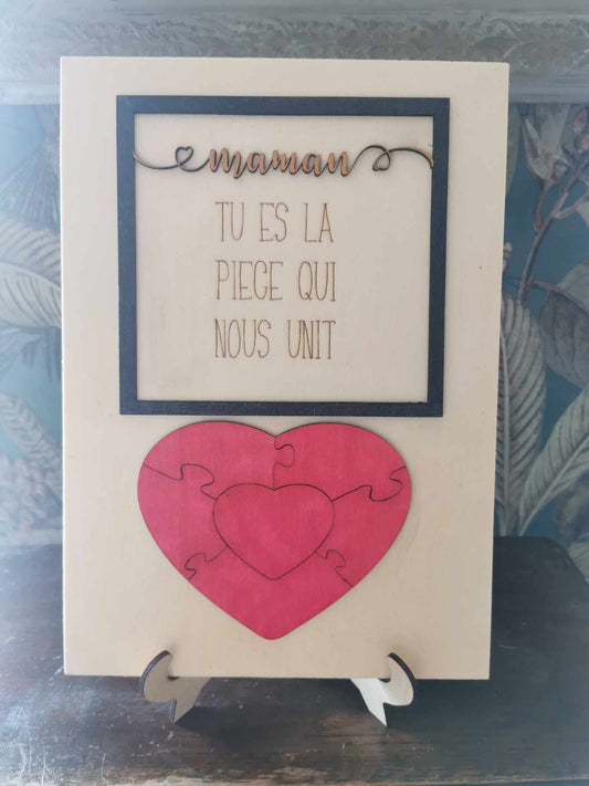 Houten plaque “Maman – Tu es la pièce qui nous unit”